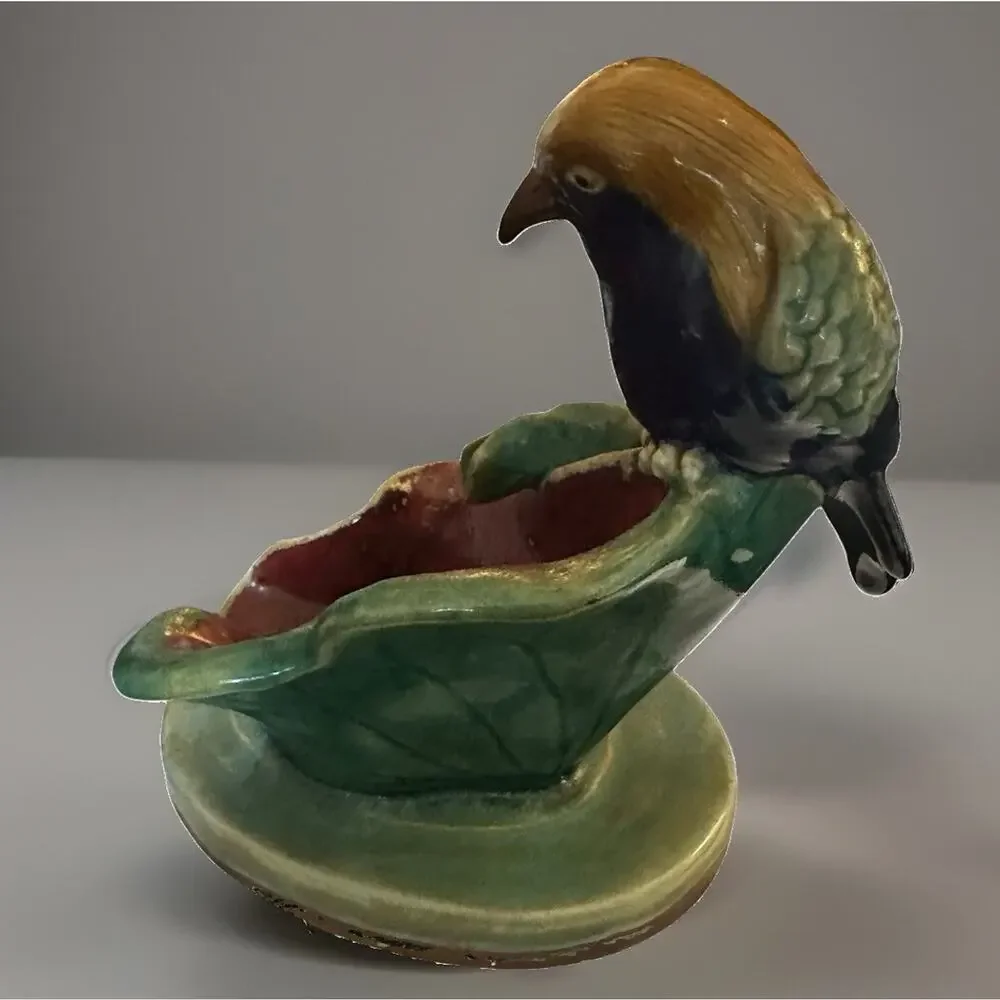Antique Majolica Bird Perched On Water Lily By Or In Style Of Joseph Holdcroft